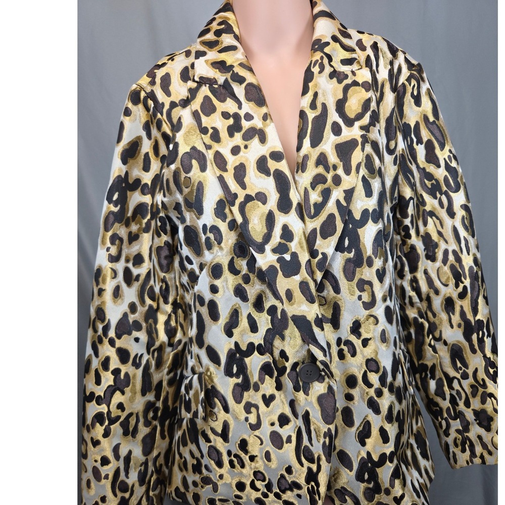 Gold Black Leopard Metallic Jacquard Blazer Nine West L Bold Edgy Print Mob Glam